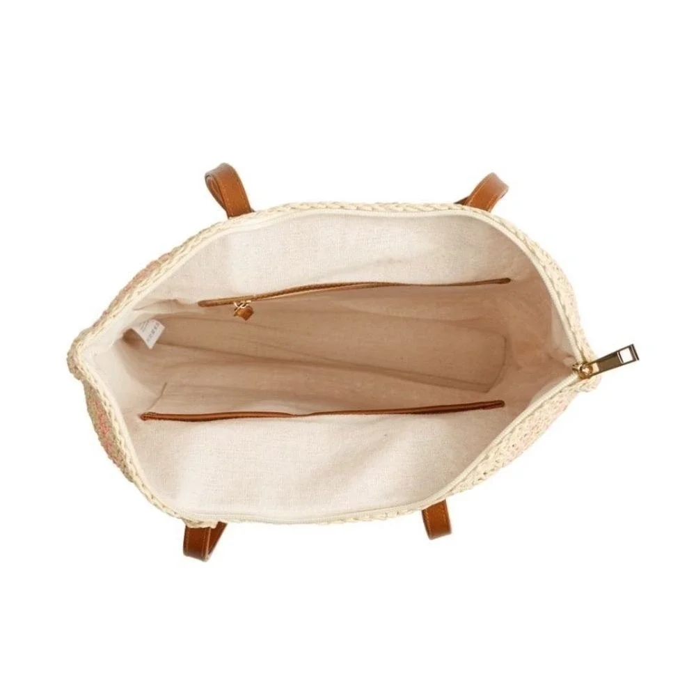 btb Los Angeles Lucy Tote, Straw Woven Pom Pom Vacation Beach‎ Bag, Natural, NWT